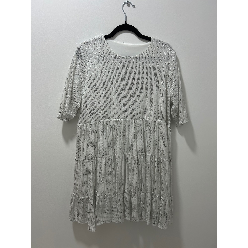 Silver Sequin Tiered Babydoll Dress‎ Short Sleeve Holiday Party XL